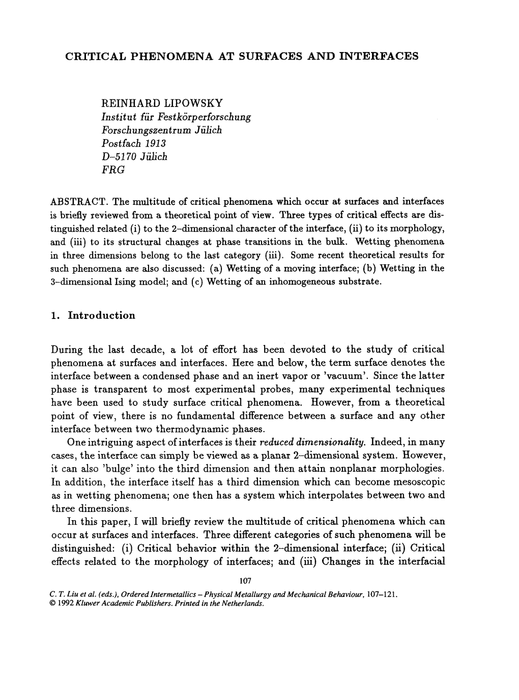 Critical Phenomena at Surfaces and Interfaces