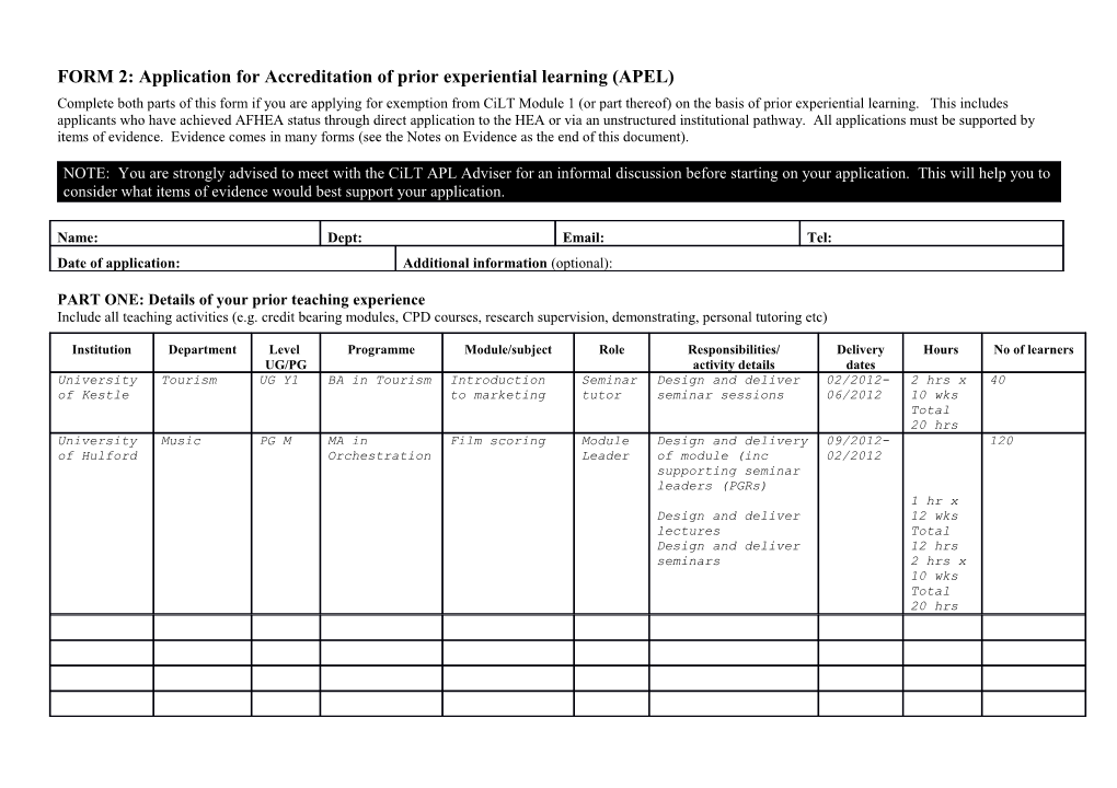 FORM 2: Application for Accreditation of Prior Experiential Learning (APEL)