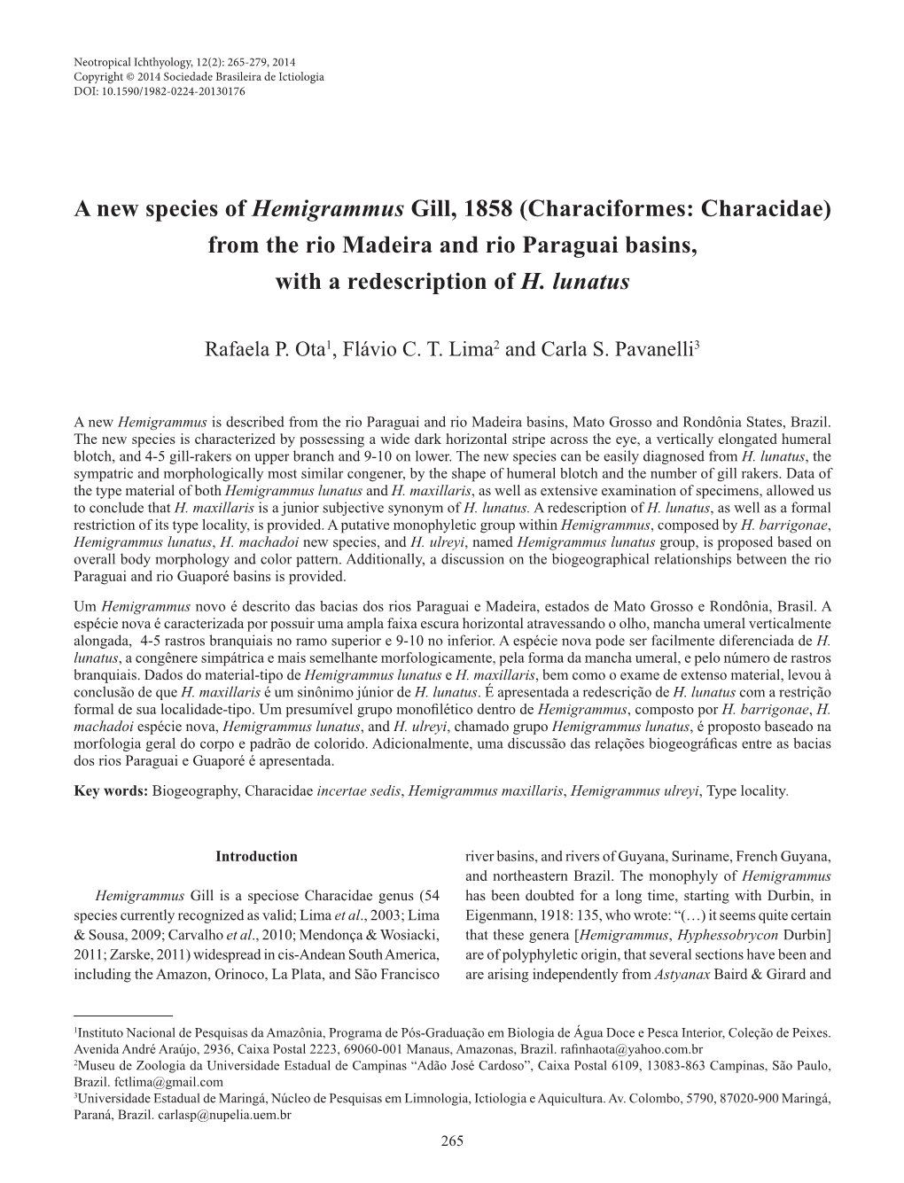 Characiformes: Characidae) from the Rio Madeira and Rio Paraguai Basins, with a Redescription of H