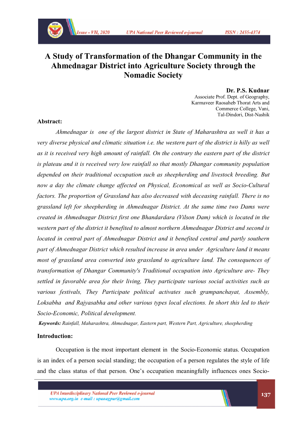 A Study of Transformation of the Dhangar Community in the Ahmednagar District Into Agriculture Society Through the Nomadic Society