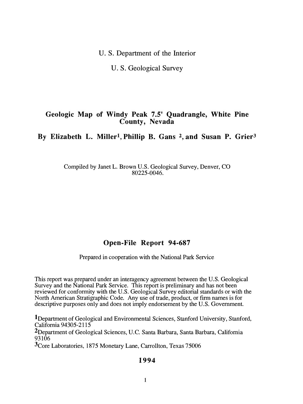 U. S. Department of the Interior U. S. Geological Survey Geologic Map Of