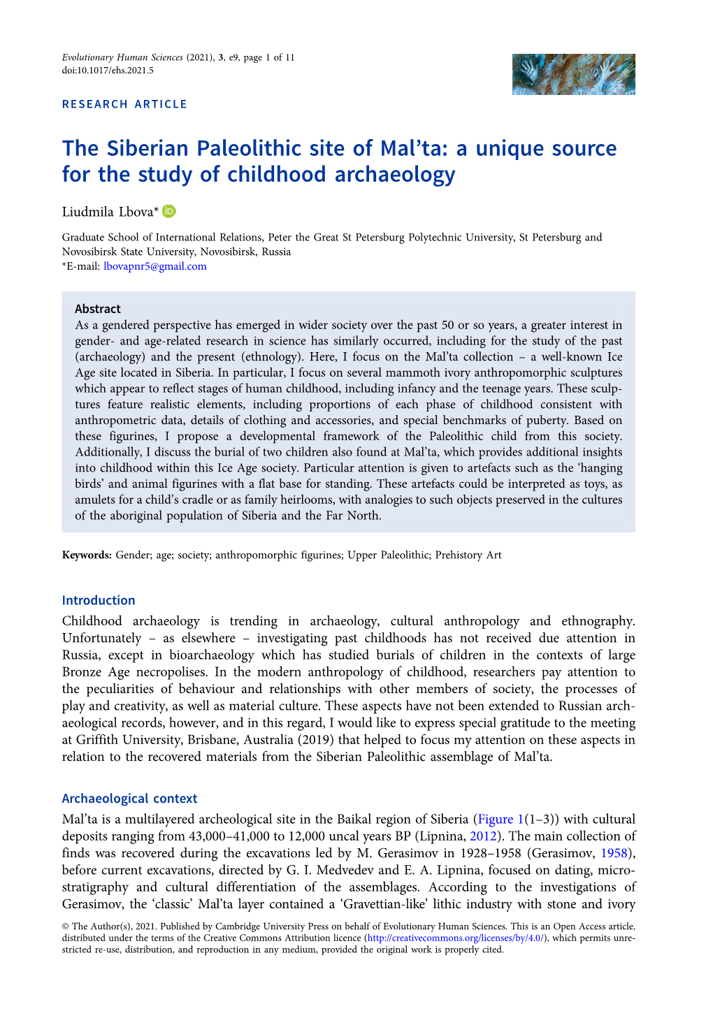 The Siberian Paleolithic Site of Mal'ta: a Unique Source for the Study Of