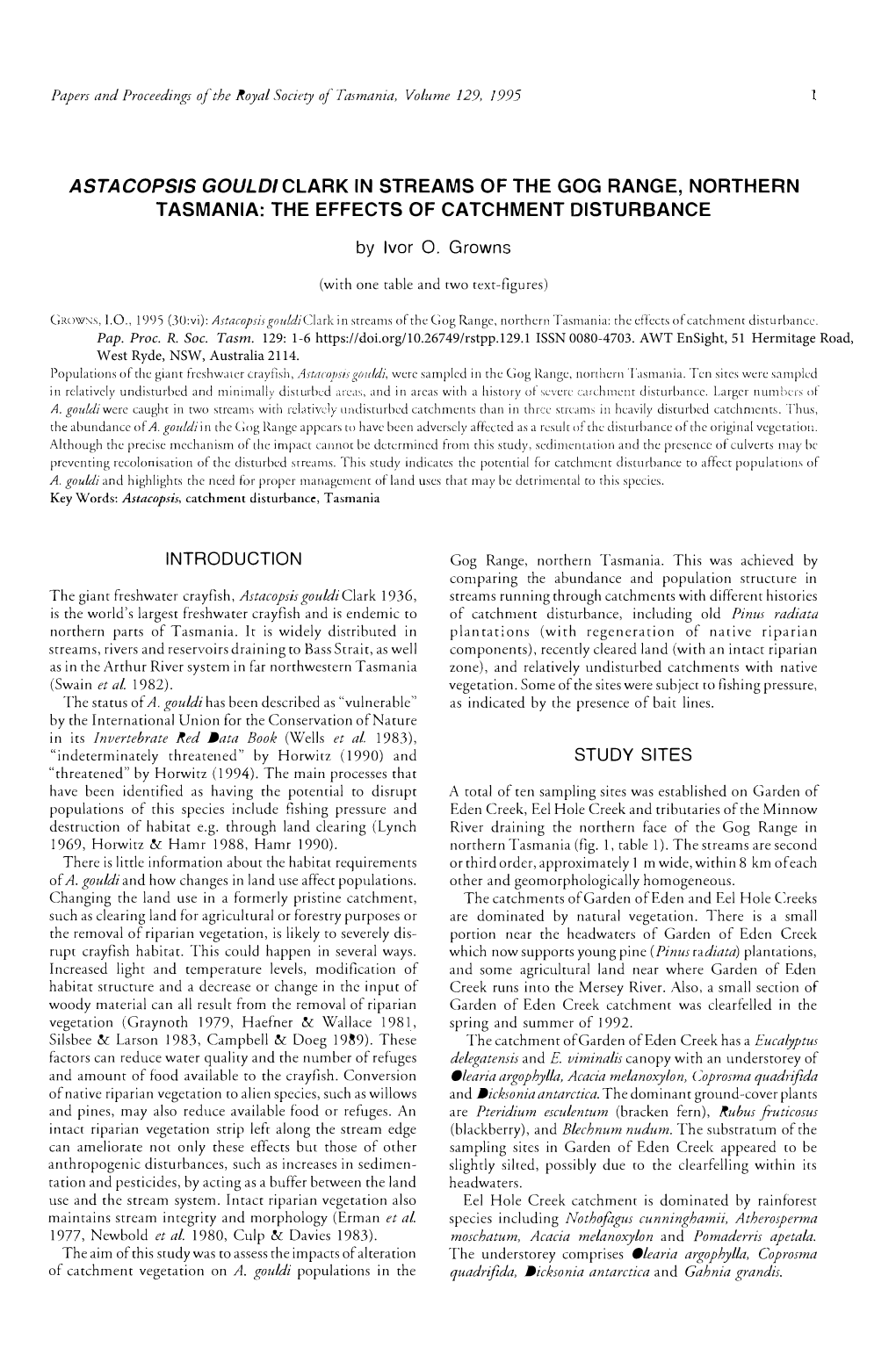 ASTACOPSIS GOULD/ CLARK in STREAMS of the GOG RANGE, NORTHERN TASMANIA: the EFFECTS of CATCHMENT DISTURBANCE by Ivor 0