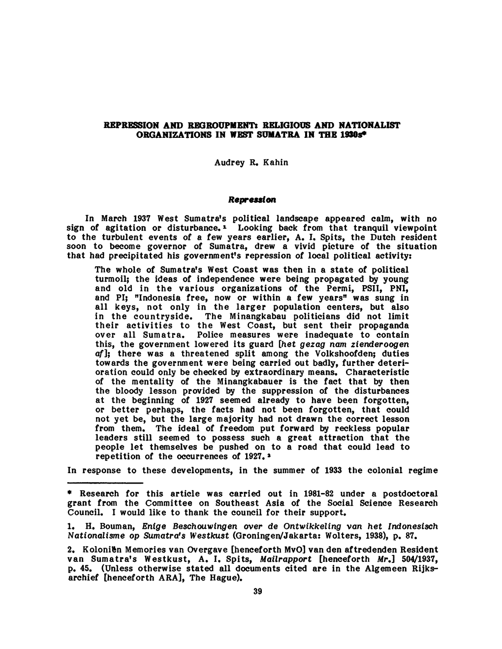 REPRESSION and REGROUPMENT: RELIGIOUS and NATIONALIST O R G ANIZATIO NS in WEST SUMATRA in the 1930S*