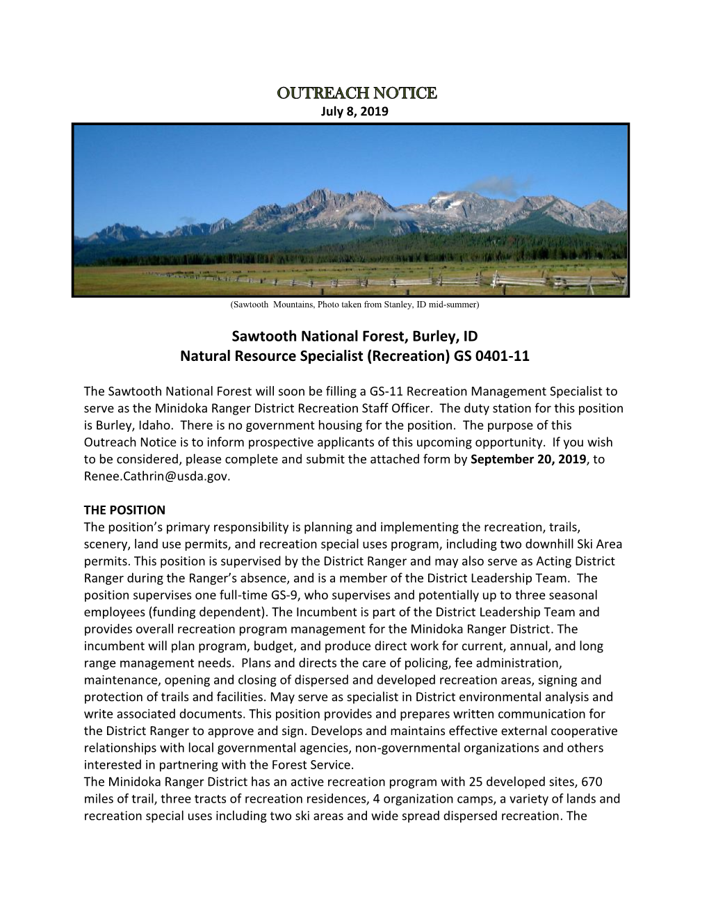 Sawtooth National Forest, Burley, ID Natural Resource Specialist (Recreation) GS 0401-11