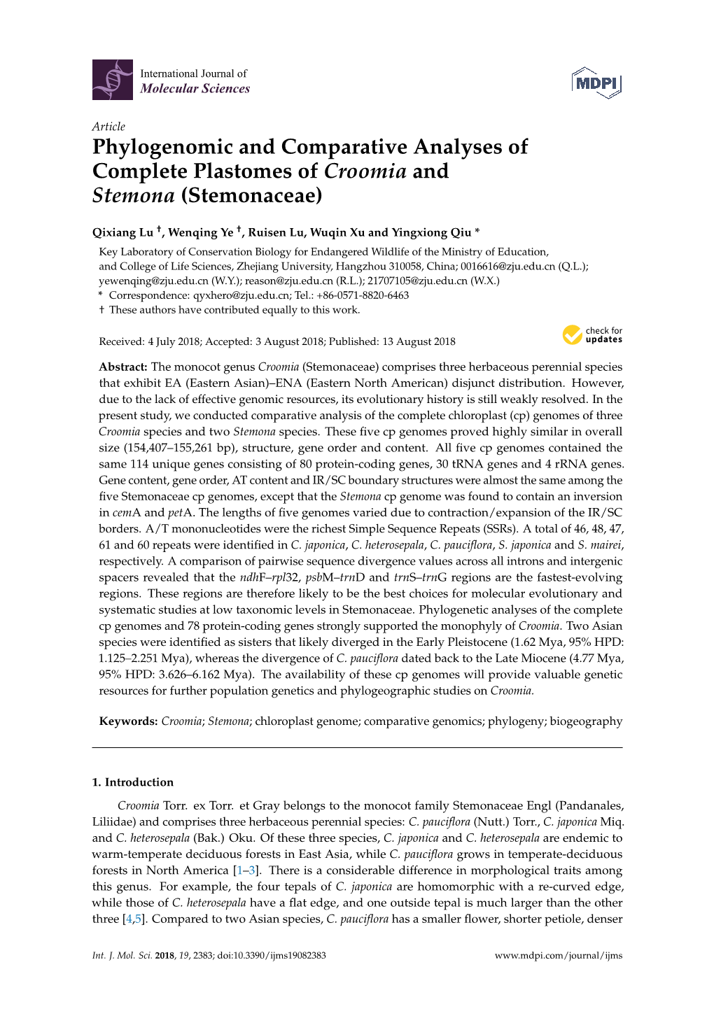 Phylogenomic and Comparative Analyses of Complete Plastomes of Croomia and Stemona (Stemonaceae)