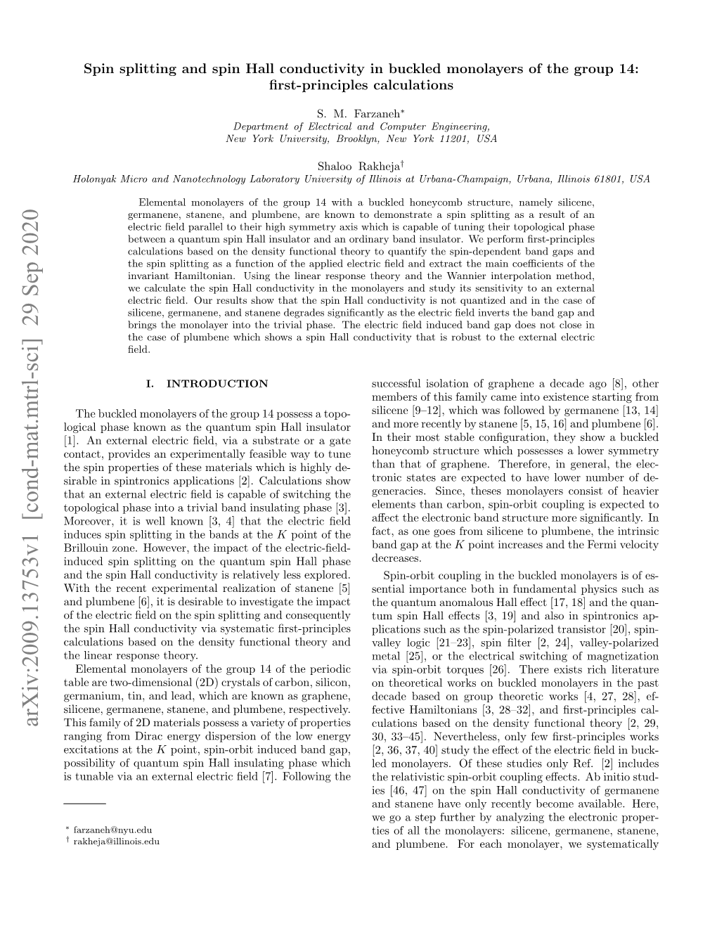 Spin Splitting and Spin Hall Conductivity in Buckled Monolayers of the Group 14: ﬁrst-Principles Calculations