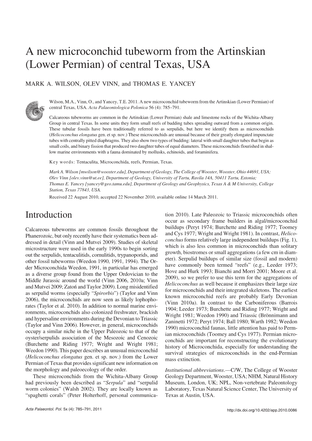 A New Microconchid Tubeworm from the Artinskian (Lower Permian) of Central Texas, USA