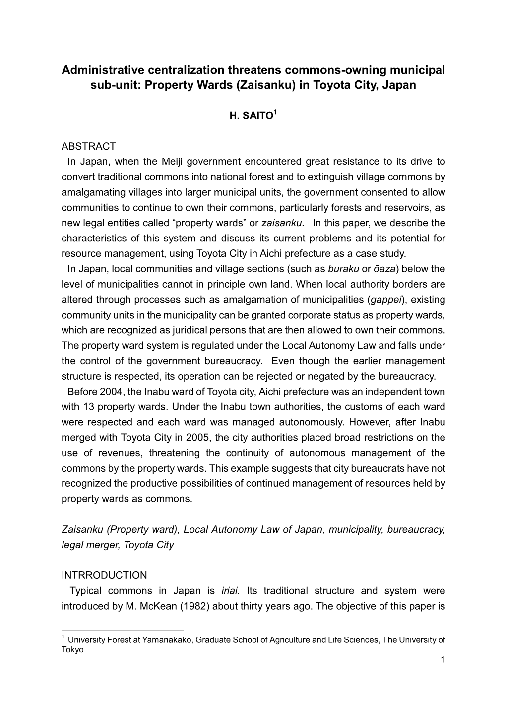 Administrative Centralization Threatens Commons-Owning Municipal Sub-Unit: Property Wards (Zaisanku) in Toyota City, Japan