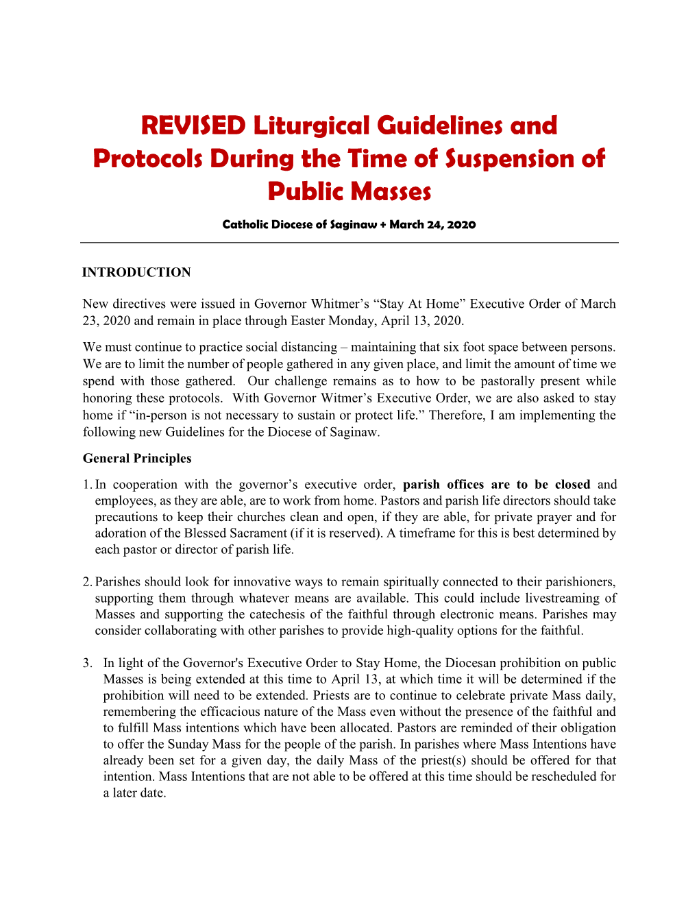 REVISED Liturgical Guidelines and Protocols During the Time of Suspension of Public Masses