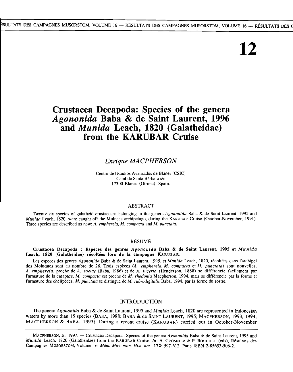 Résultats Des Campagnes Musorstom, Volume 16 - Résultats Des ( 12