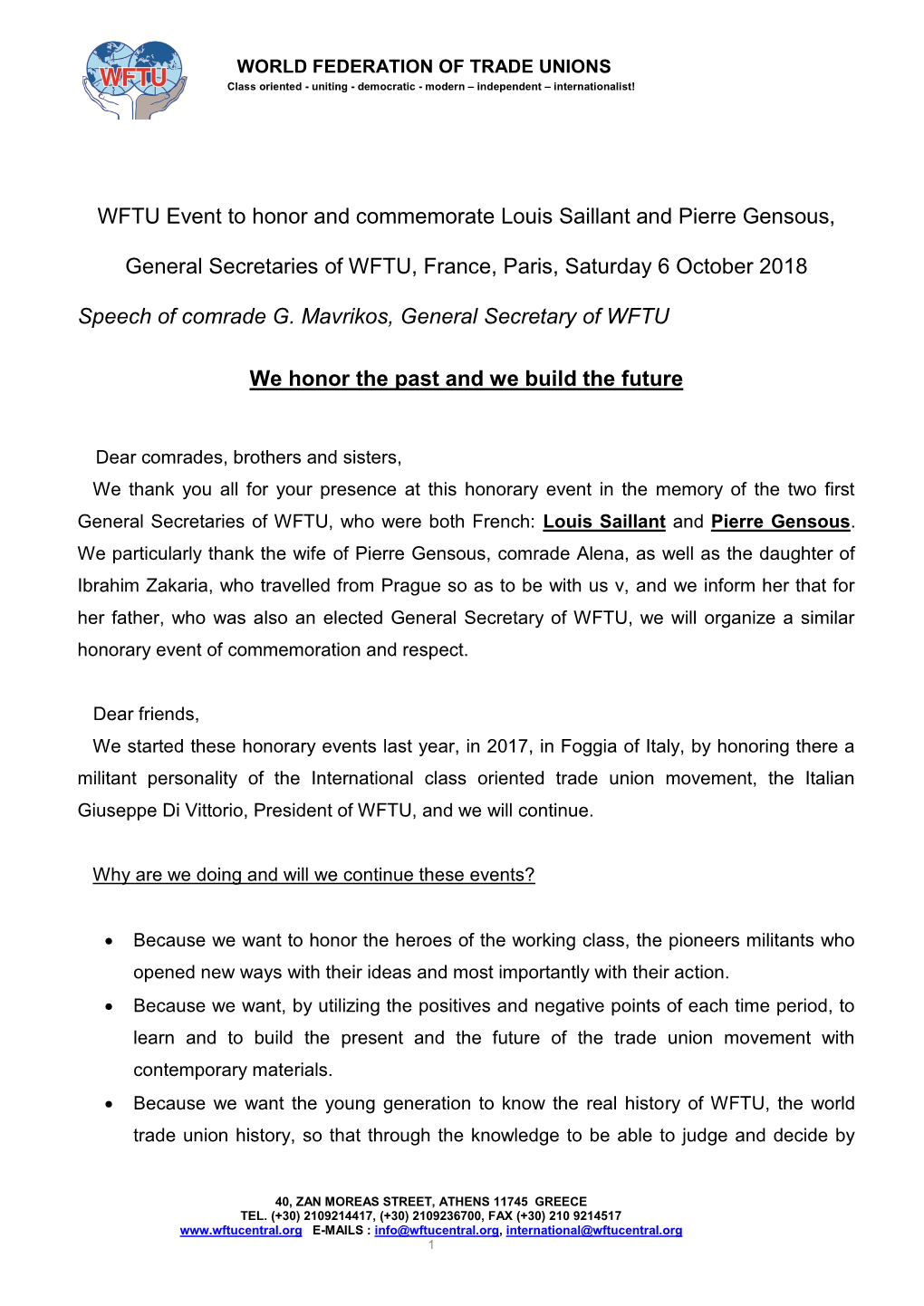 WFTU Event to Honor and Commemorate Louis Saillant and Pierre Gensous
