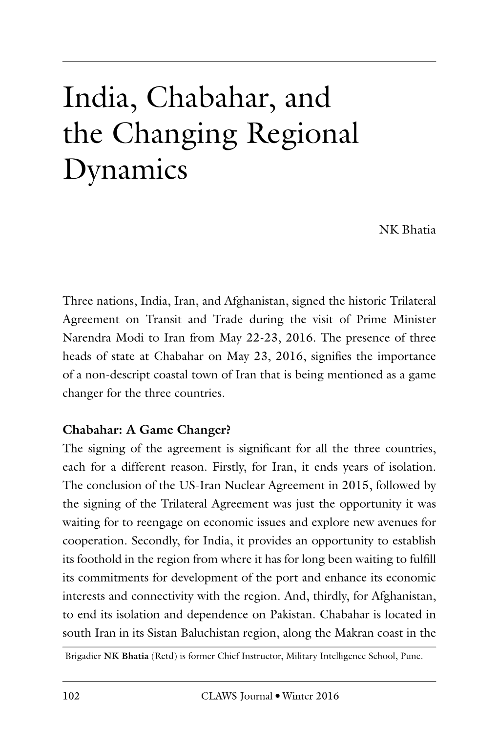 India, Chabahar, and the Changing Regional Dynamics, By