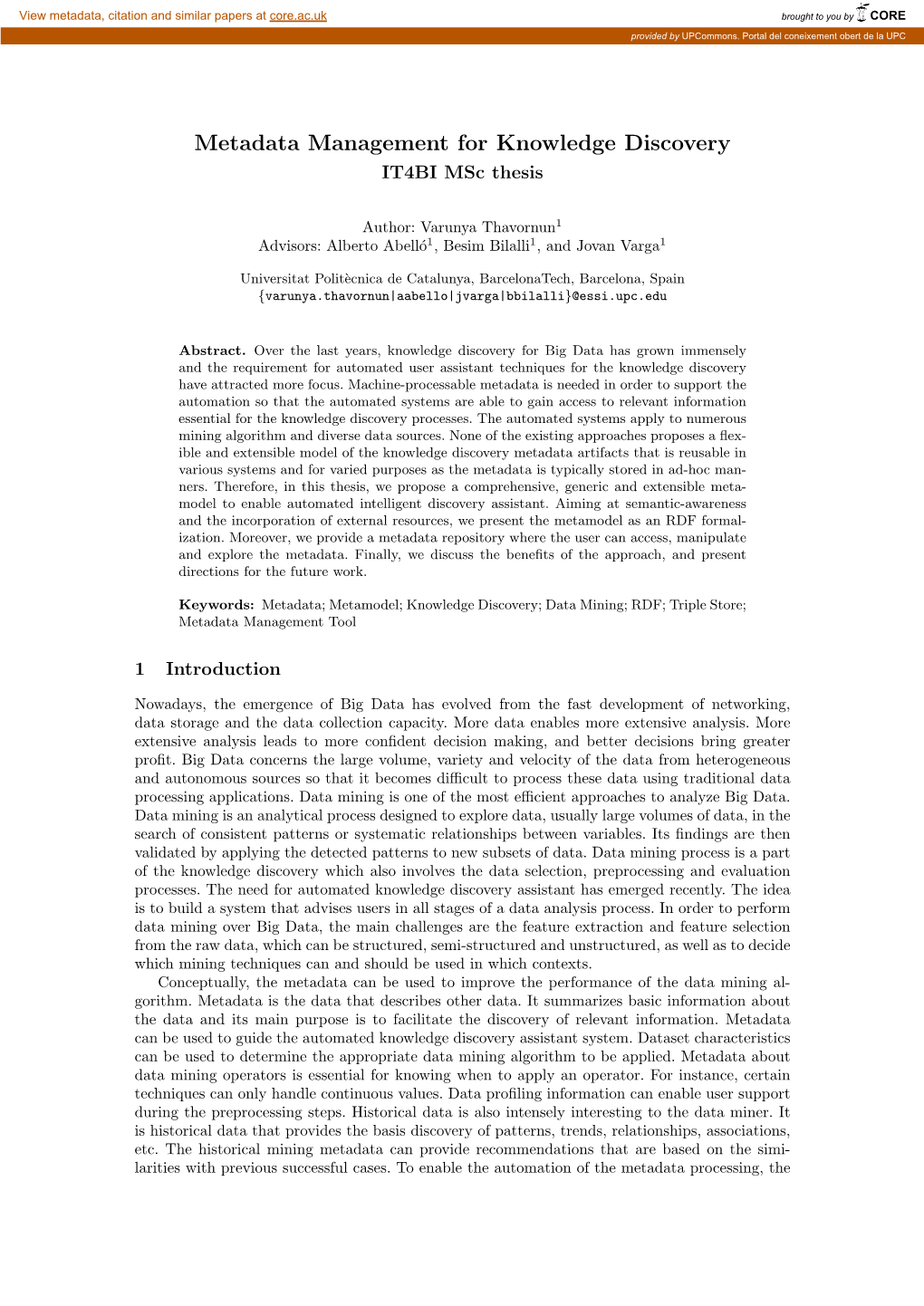 Metadata Management for Knowledge Discovery IT4BI Msc Thesis