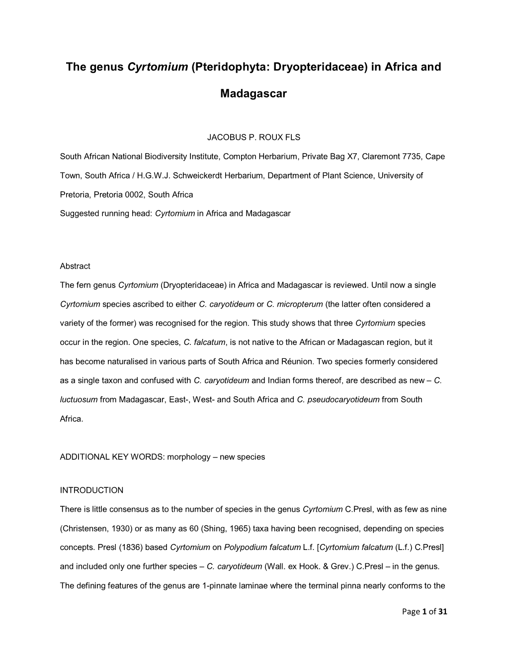 The Genus Cyrtomium (Pteridophyta: Dryopteridaceae) in Africa And