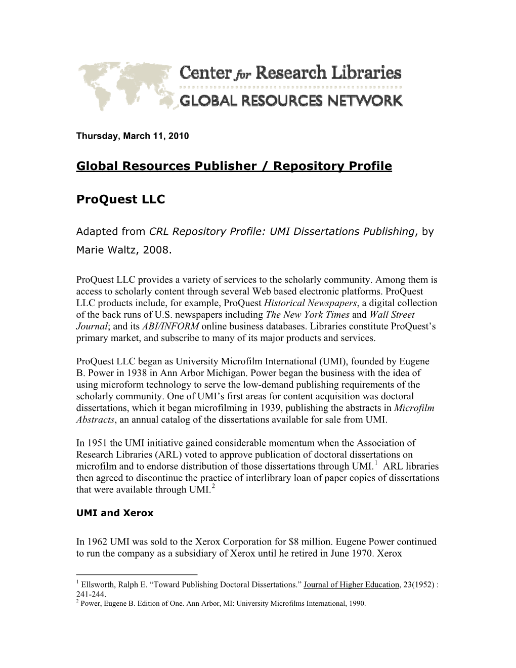 Global Resources Publisher / Repository Profile