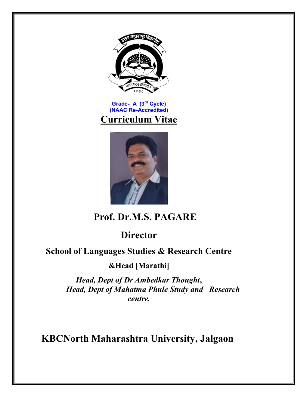 Curriculum Vitae Prof. Dr.MS PAGARE Director