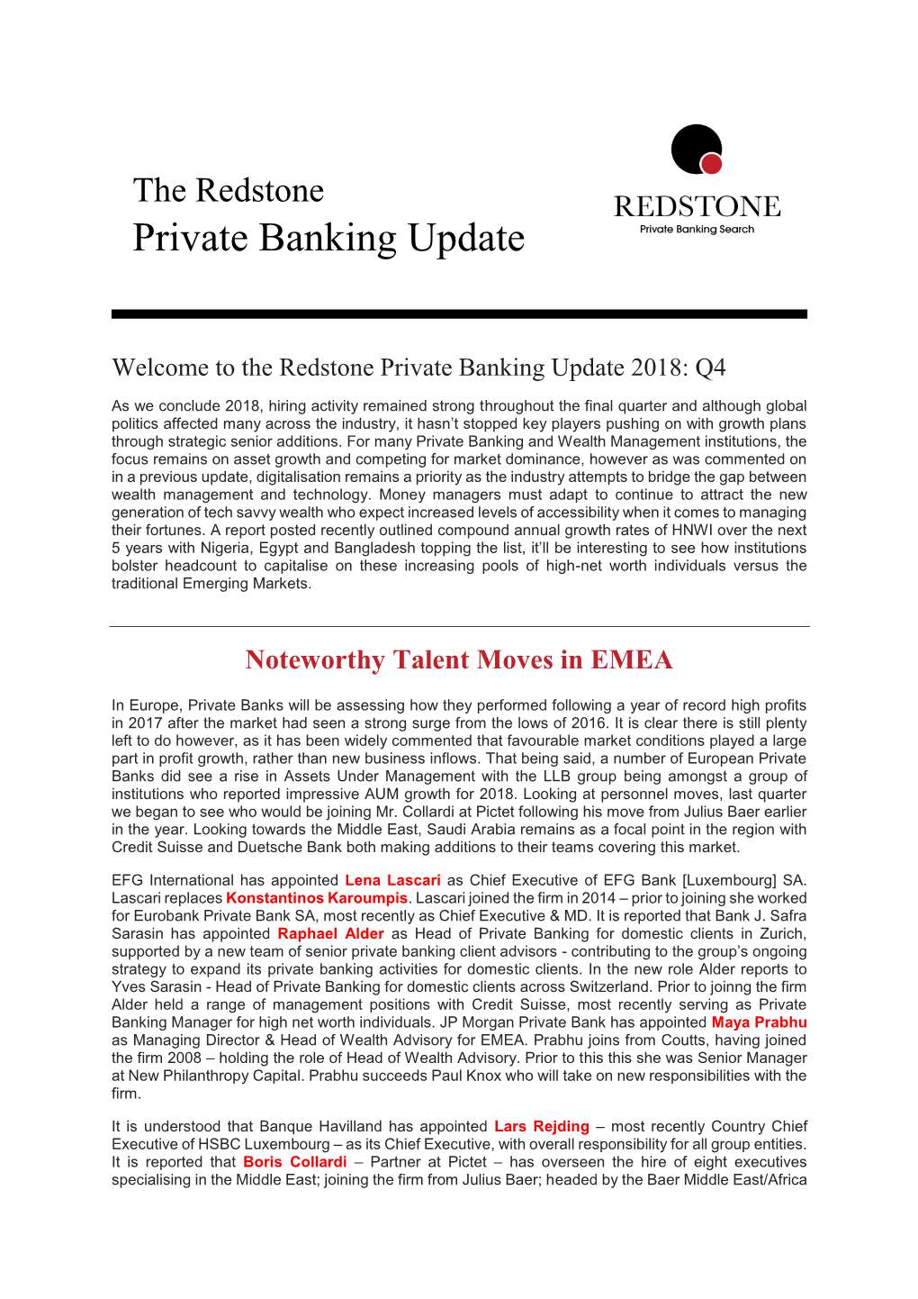 Redstone Private Banking Update Q4 2018