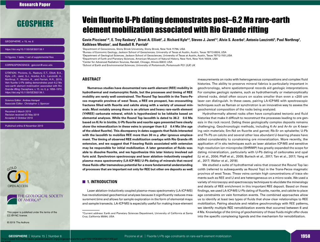 Vein Fluorite U-Pb Dating Demonstrates Post–6.2 Ma Rare-Earth Element Mobilization Associated with Rio Grande Rifting