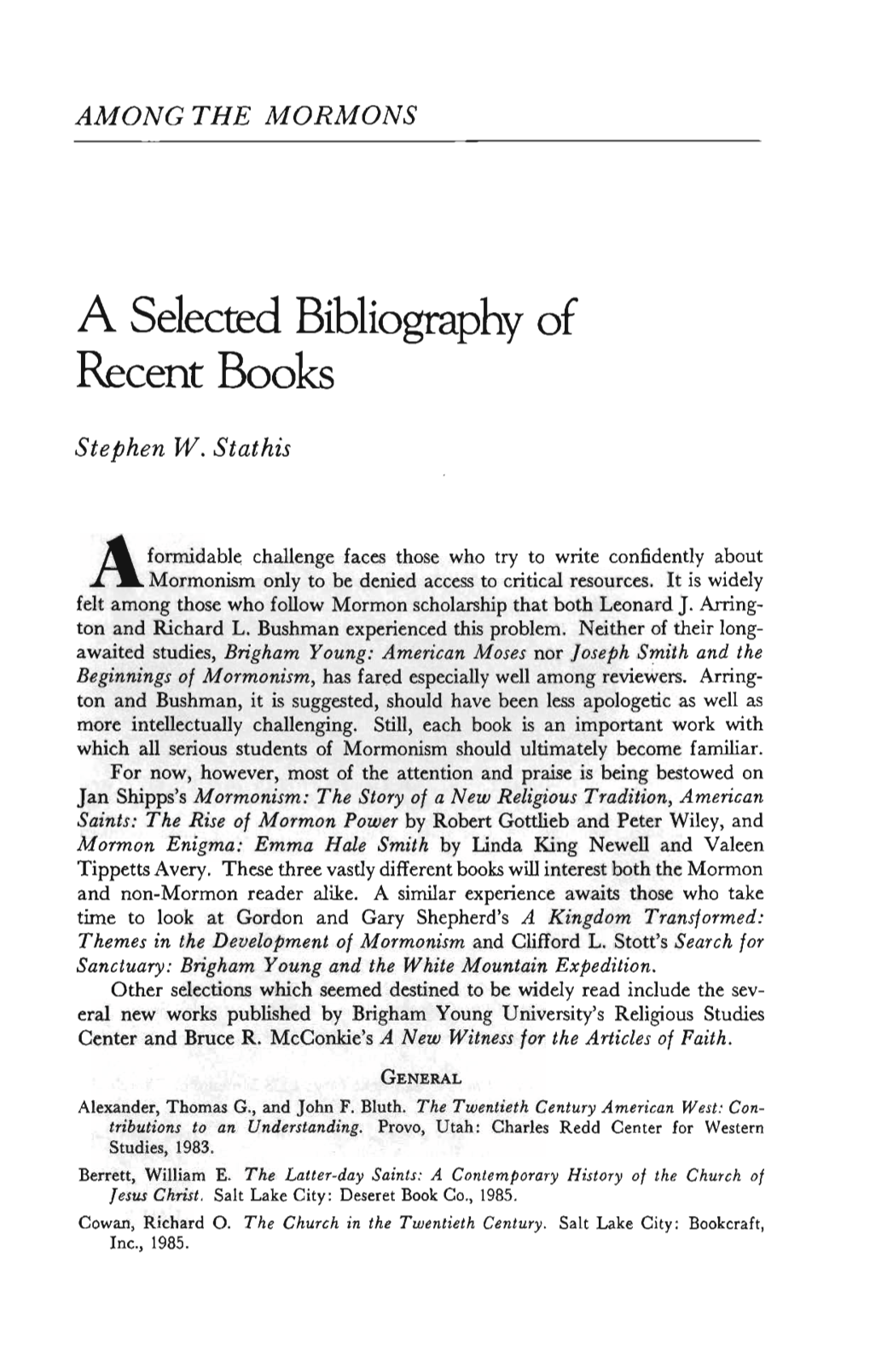 A Selected Bibliography of Recent Books