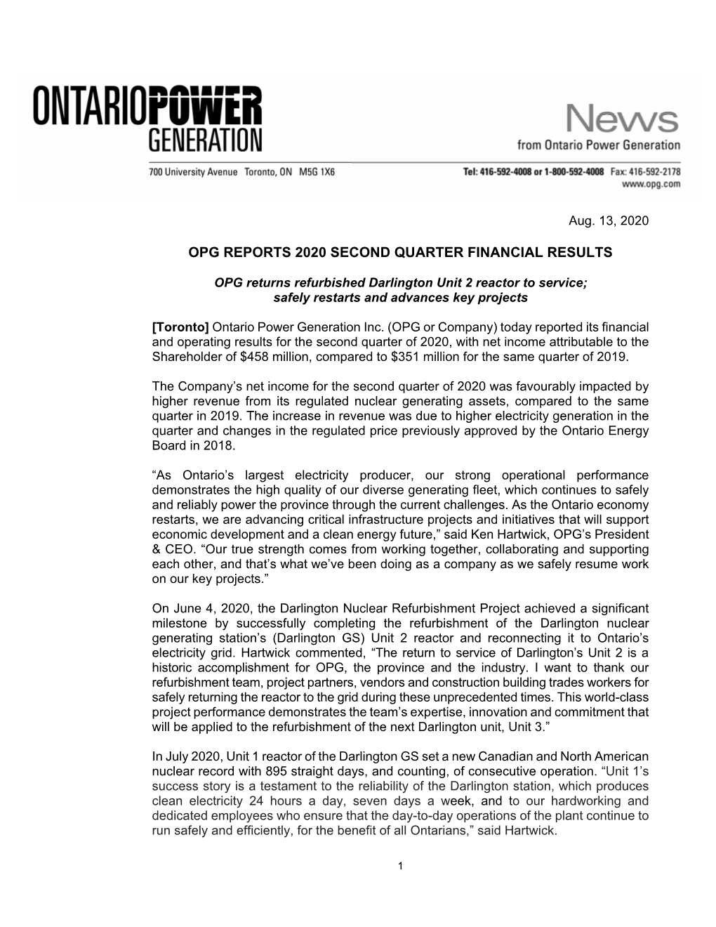 Opg Reports 2020 Second Quarter Financial Results