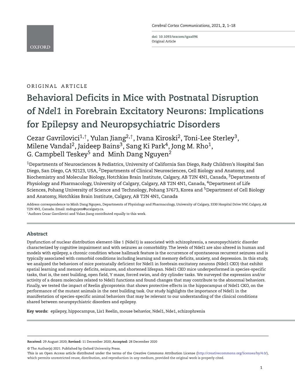 Behavioral Deficits in Mice with Postnatal Disruption of Ndel1 In