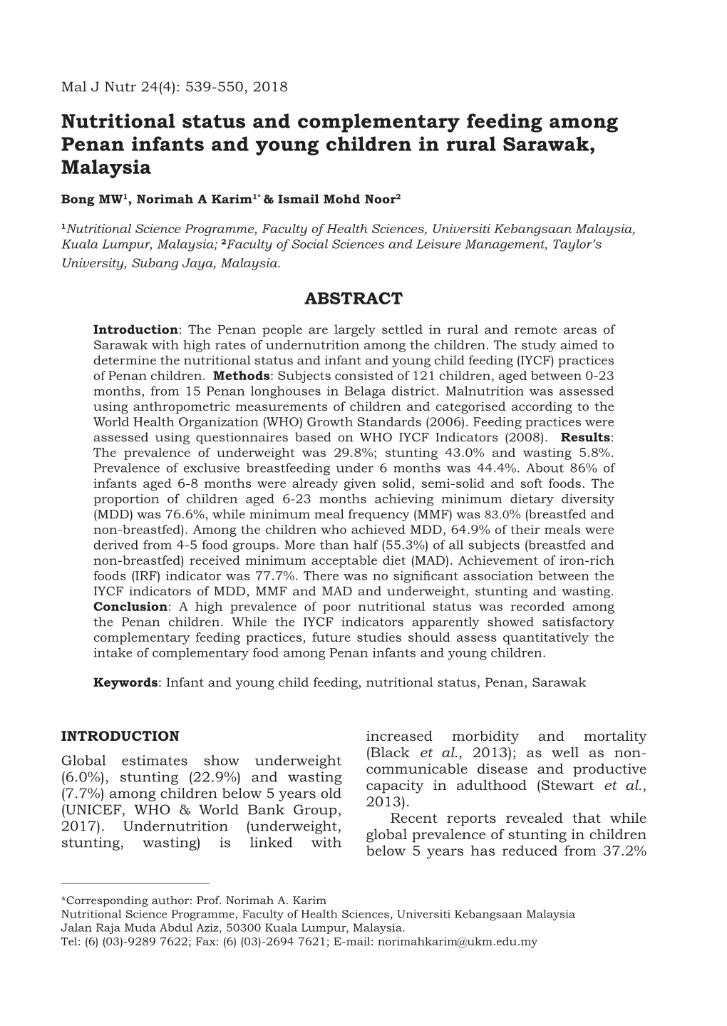 Nutritional Status and Complementary Feeding Among Penan Infants and Young Children in Rural Sarawak, Malaysia