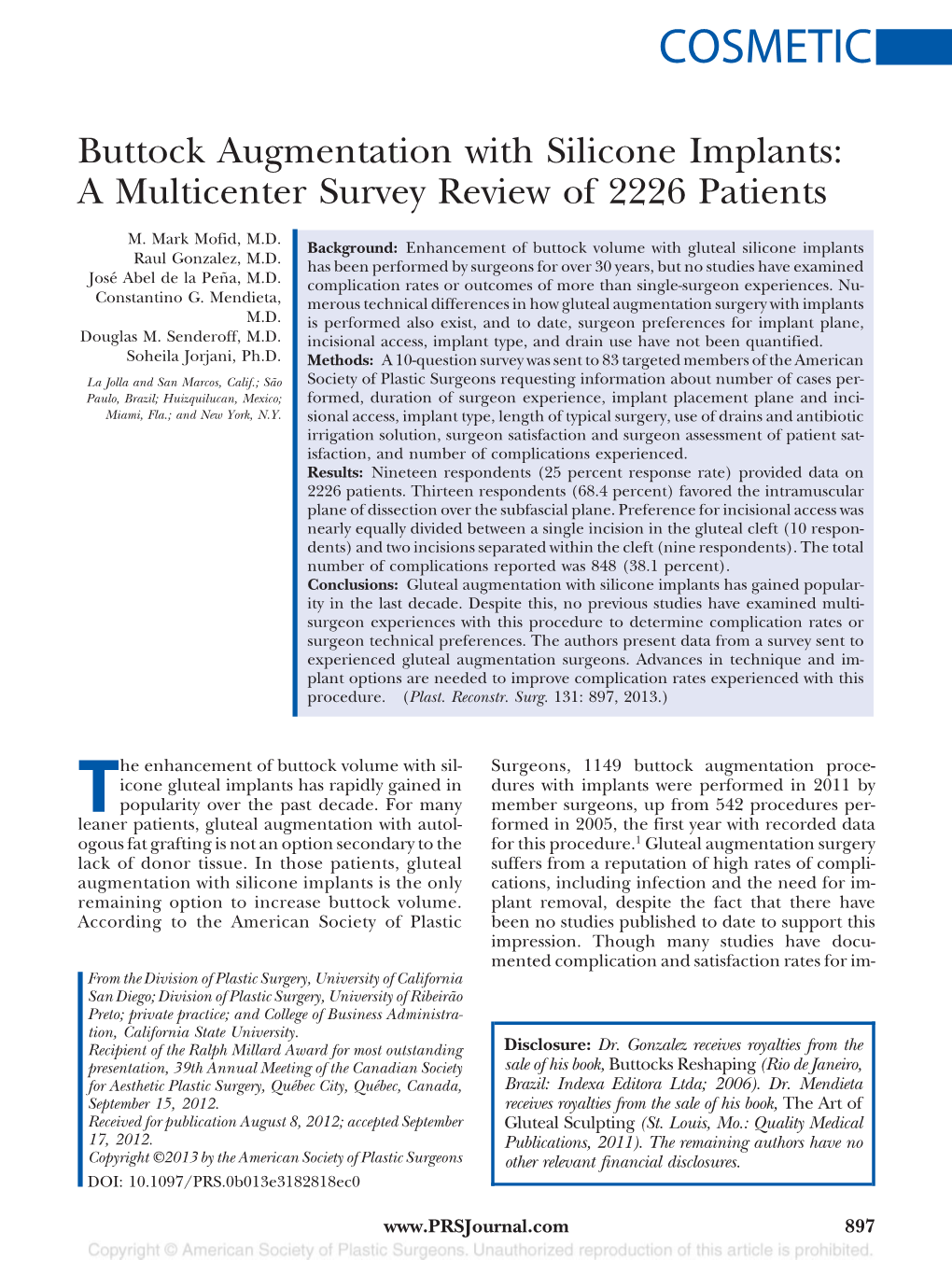 Buttock Augmentation with Silicone Implants: a Multicenter Survey Review of 2226 Patients