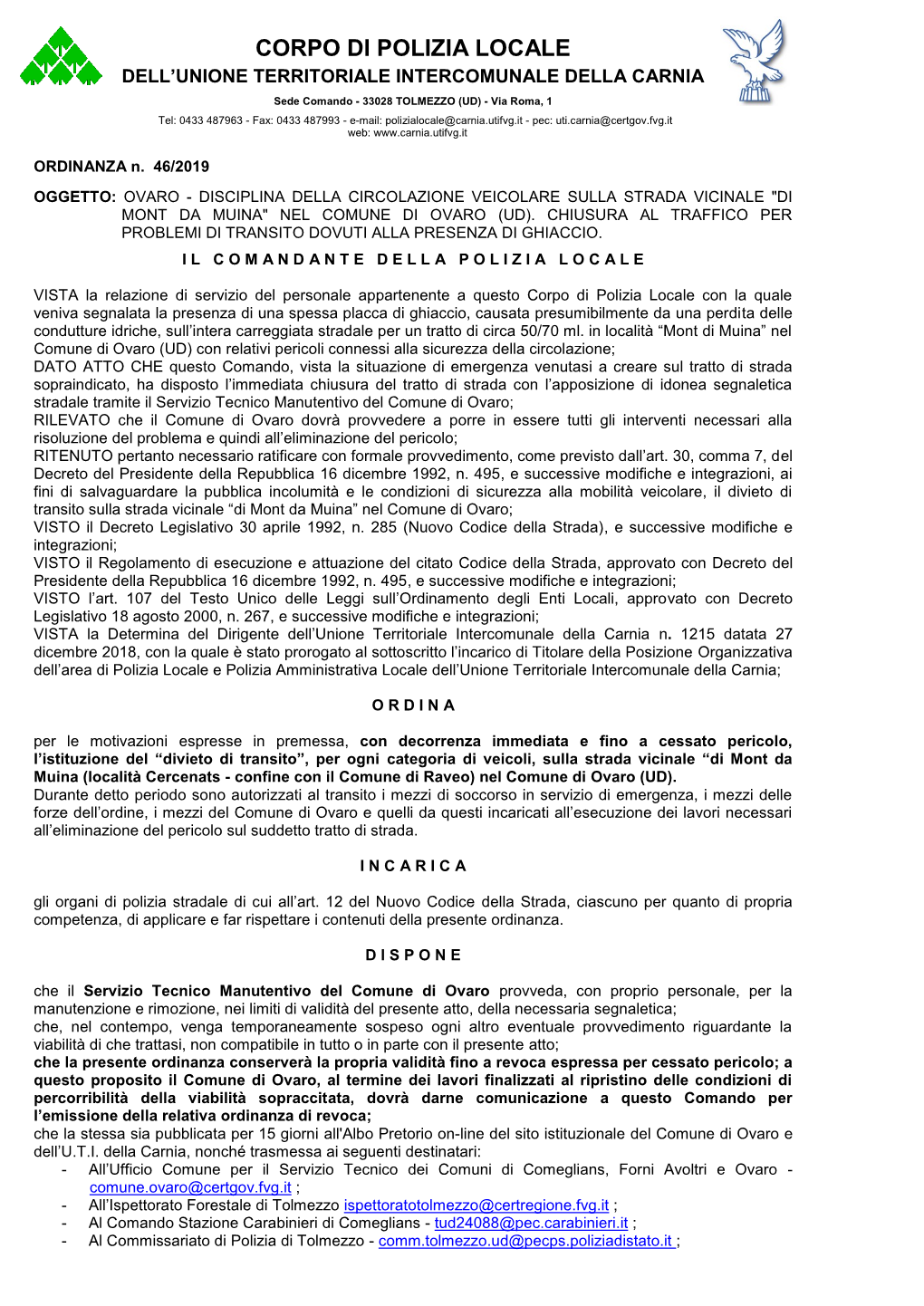 Corpo Di Polizia Locale Dell’Unione Territoriale Intercomunale Della Carnia