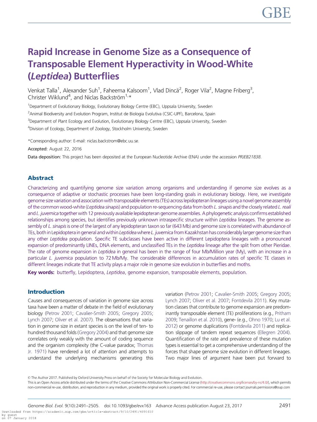 Rapid Increase in Genome Size As a Consequence of Transposable Element Hyperactivity in Wood-White (Leptidea) Butterflies
