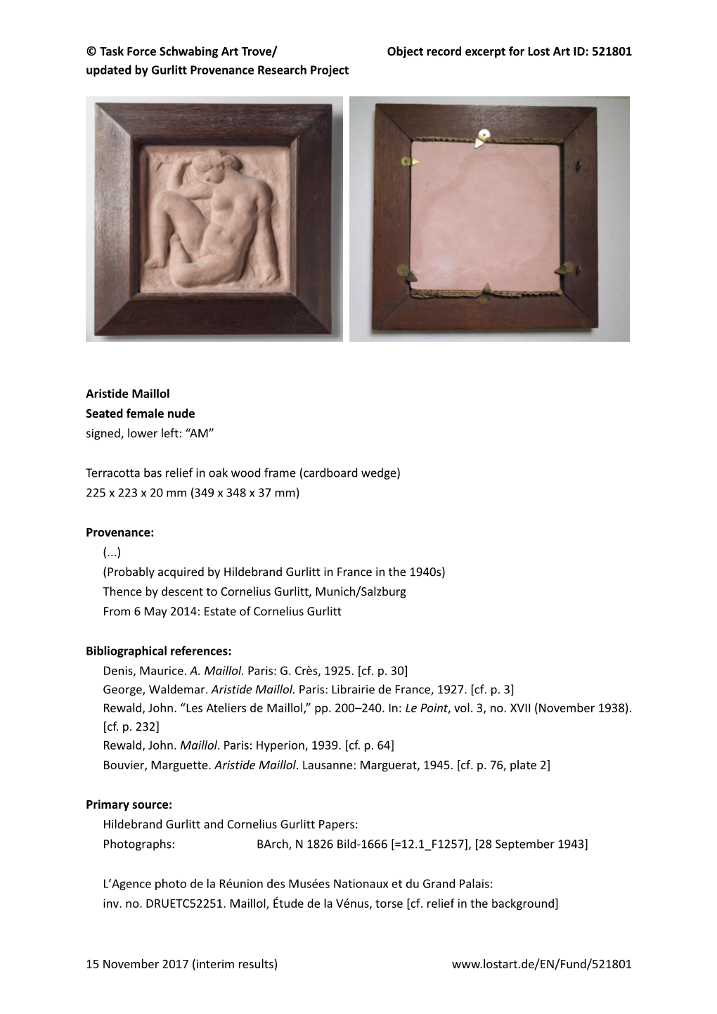 Object Record Excerpt for Lost Art ID: 521801 Updated by Gurlitt Provenance Research Project
