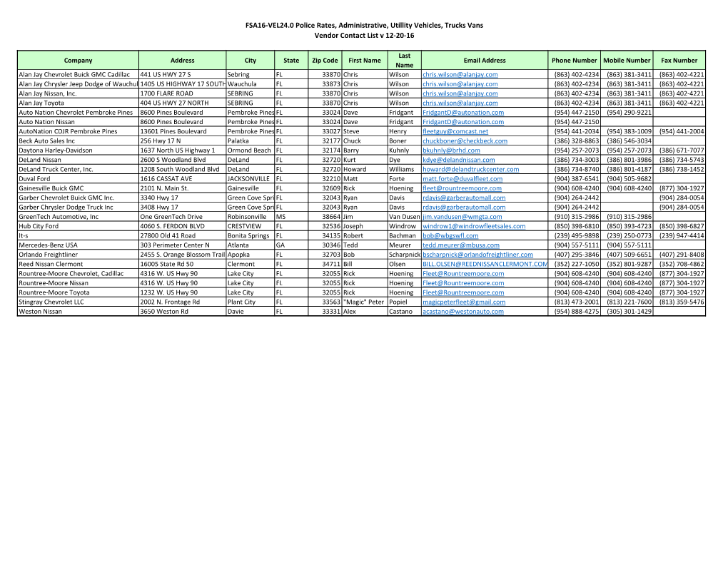 FSA16-VEL24.0 Police Rates, Administrative, Utillity Vehicles, Trucks Vans Vendor Contact List V 12-20-16