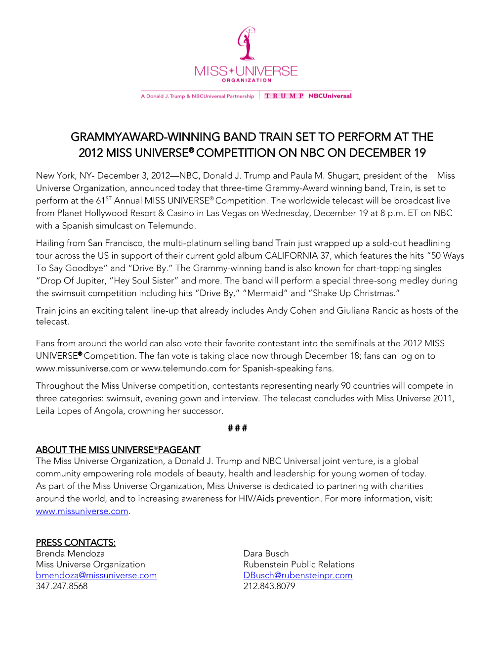 Grammyaward-Winning Band Train Set to Perform at the 2012 Miss Universe® Competition on Nbc on December 19