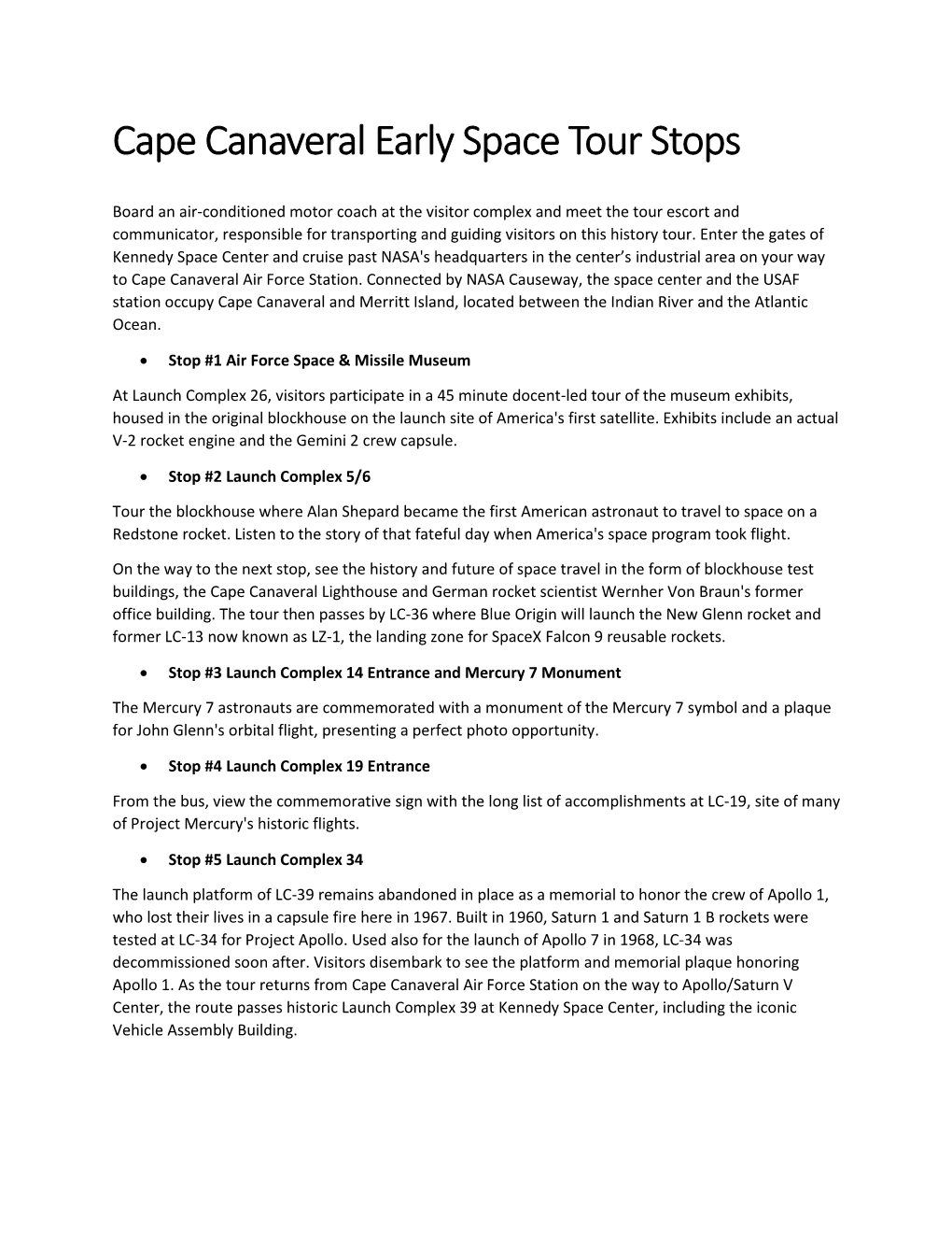 Cape Canaveral Early Space Tour Stops