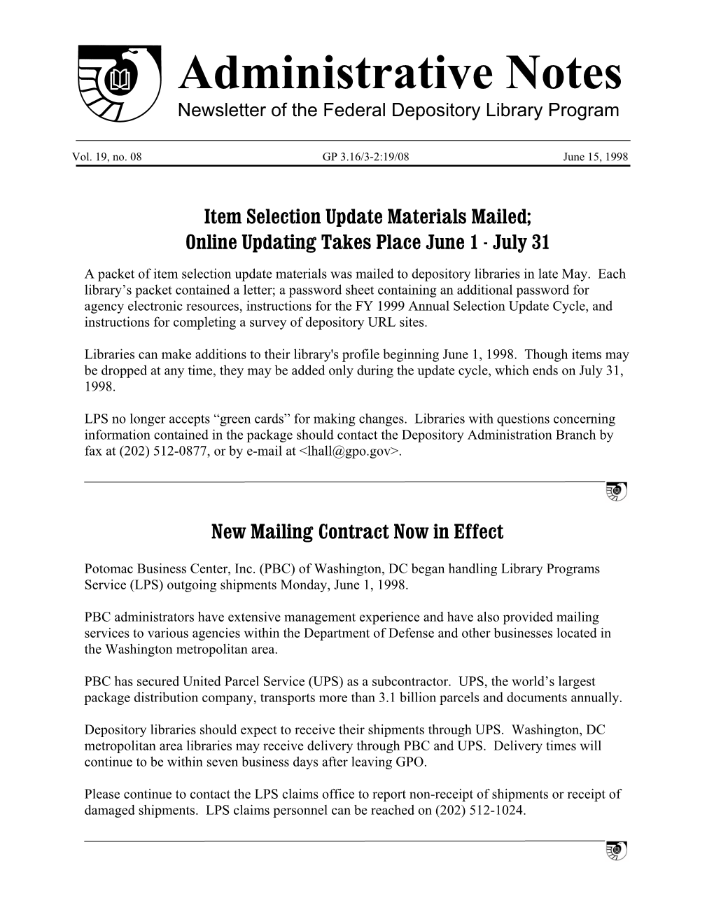 Administrative Notes Newsletter of the Federal Depository Library Program