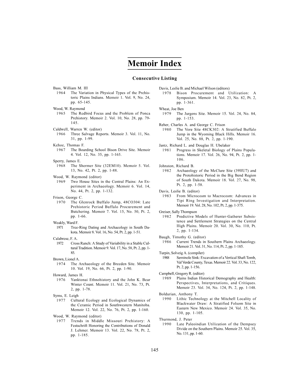 Plains Anthropologist Memoir Index