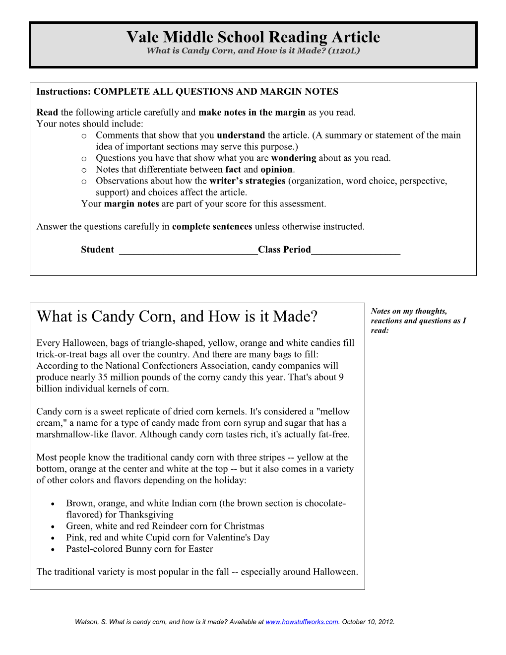 Vale Middle School Reading Article What Is Candy Corn, and How Is It Made? (1120L)