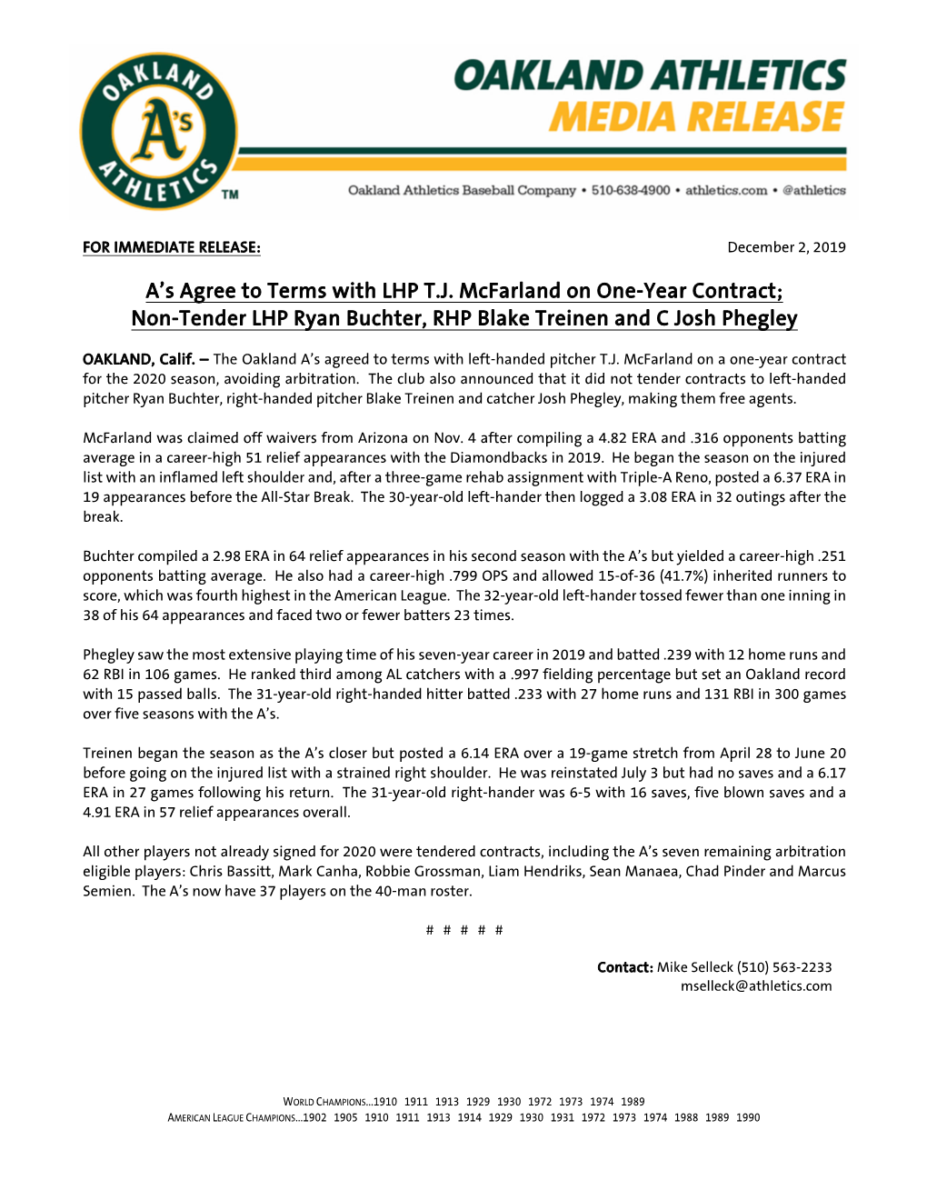 A's Agree to Terms with LHP T.J. Mcfarland on One-Year Contract