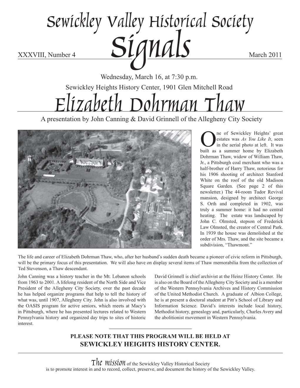 Elizabeth Dohrman Thaw a Presentation by John Canning & David Grinnell of the Allegheny City Society