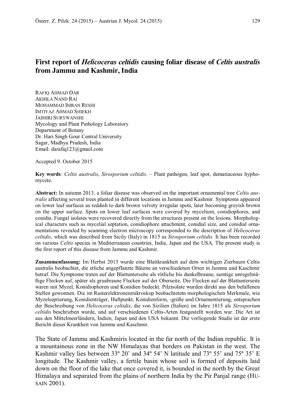 First Report of Helicoceras Celtidis Causing Foliar Disease of Celtis Australis from Jammu and Kashmir, India