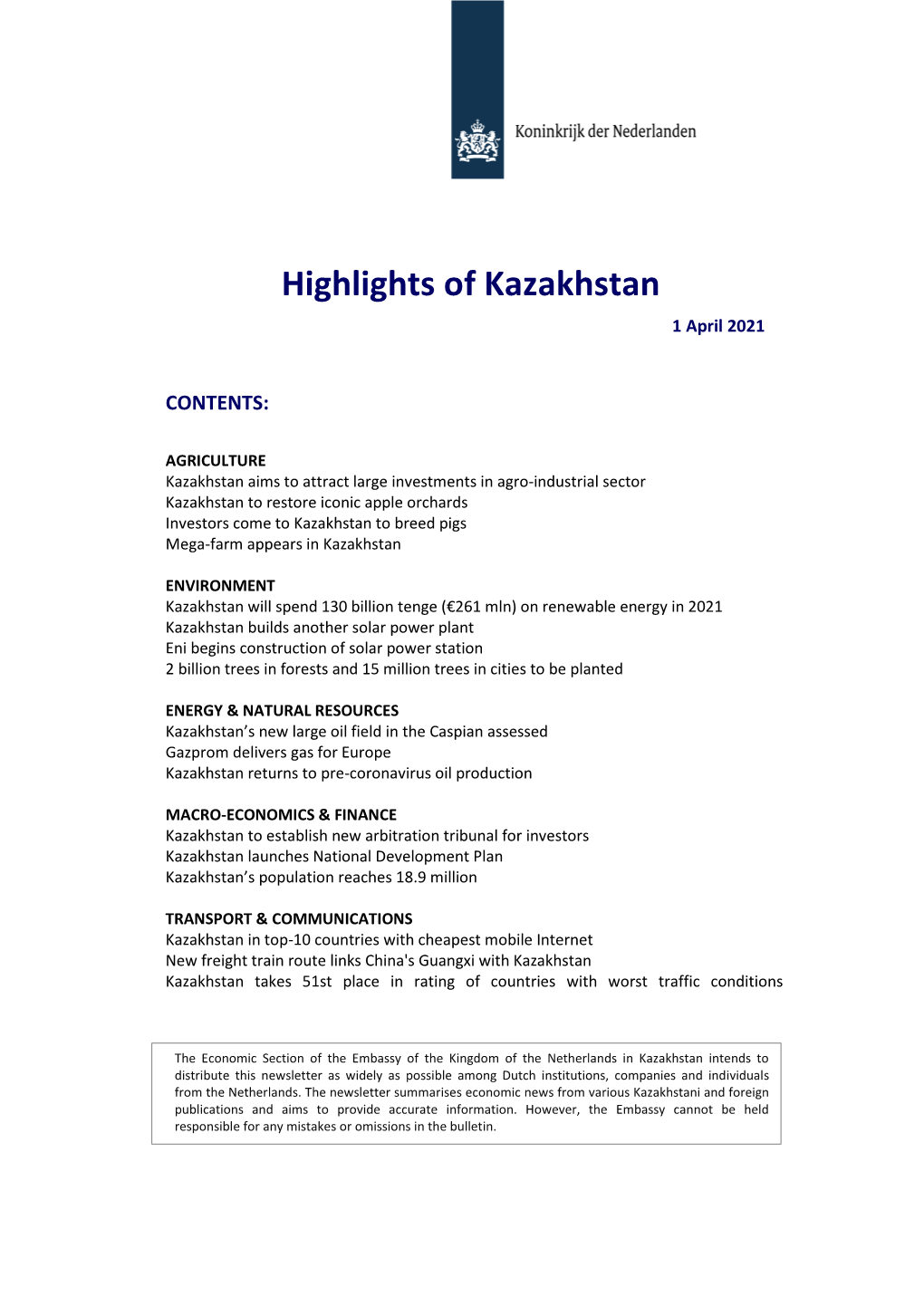 Highlights of Kazakhstan April 2021