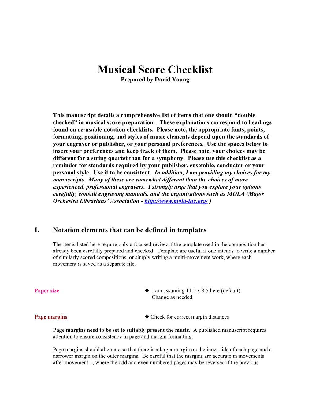 Musical Score Checklist Prepared by David Young