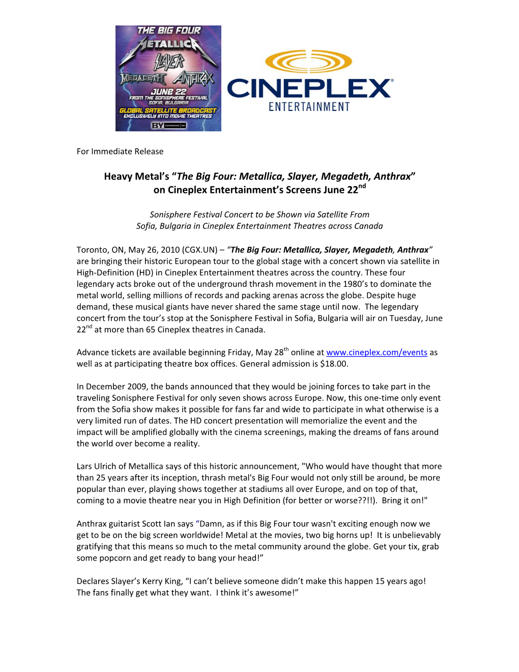 The Big Four: Metallica, Slayer, Megadeth, Anthrax” on Cineplex Entertainment’S Screens June 22Nd