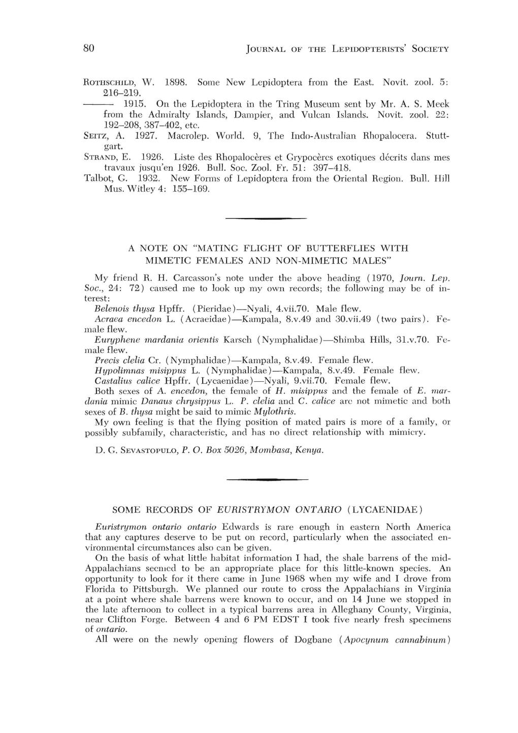 Some Records of Euristrymon Ontario (Lycaenidae)
