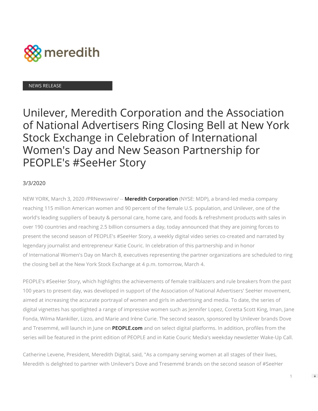 Unilever, Meredith Corporation and the Association