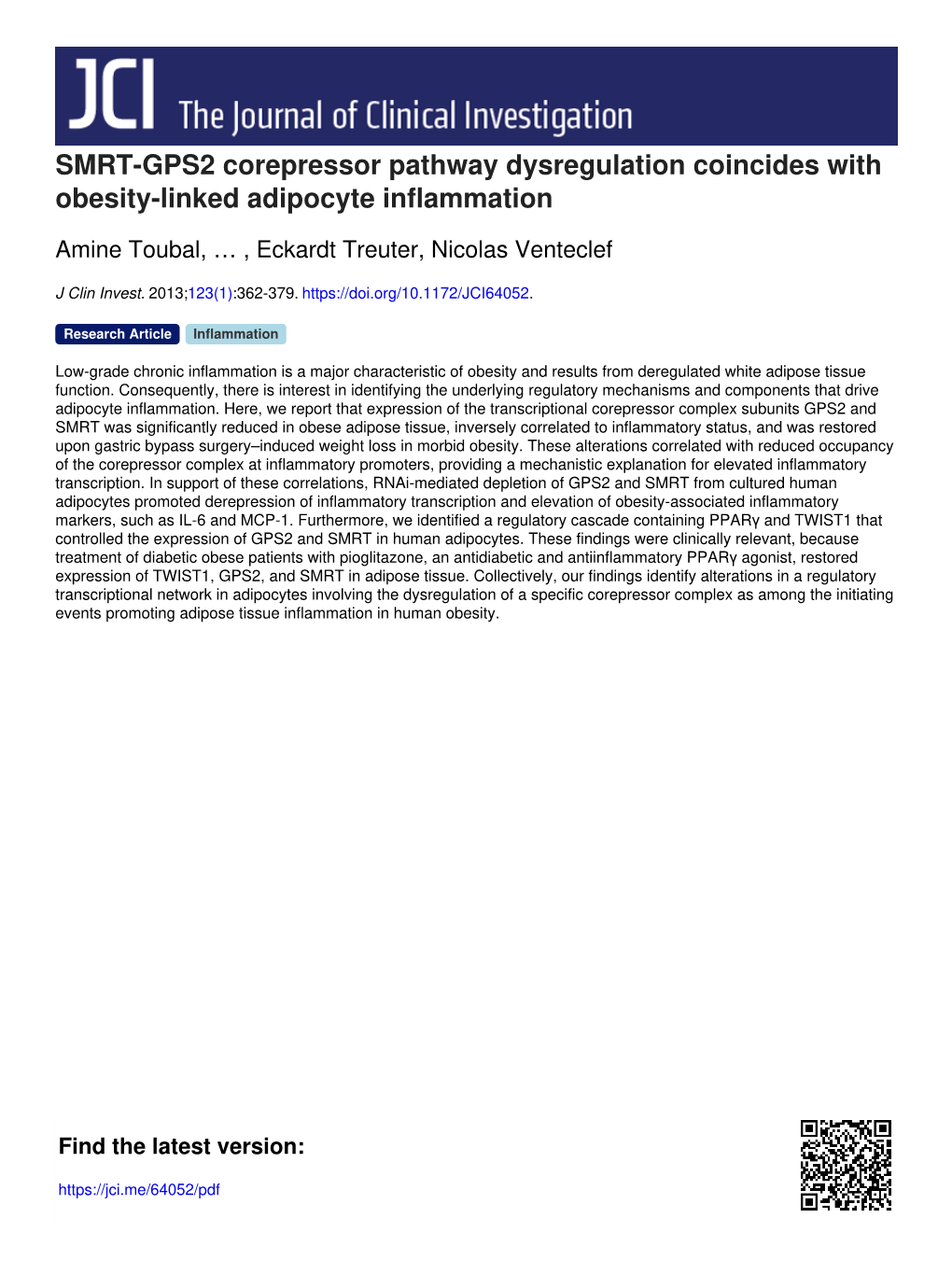 SMRT-GPS2 Corepressor Pathway Dysregulation Coincides with Obesity-Linked Adipocyte Inflammation