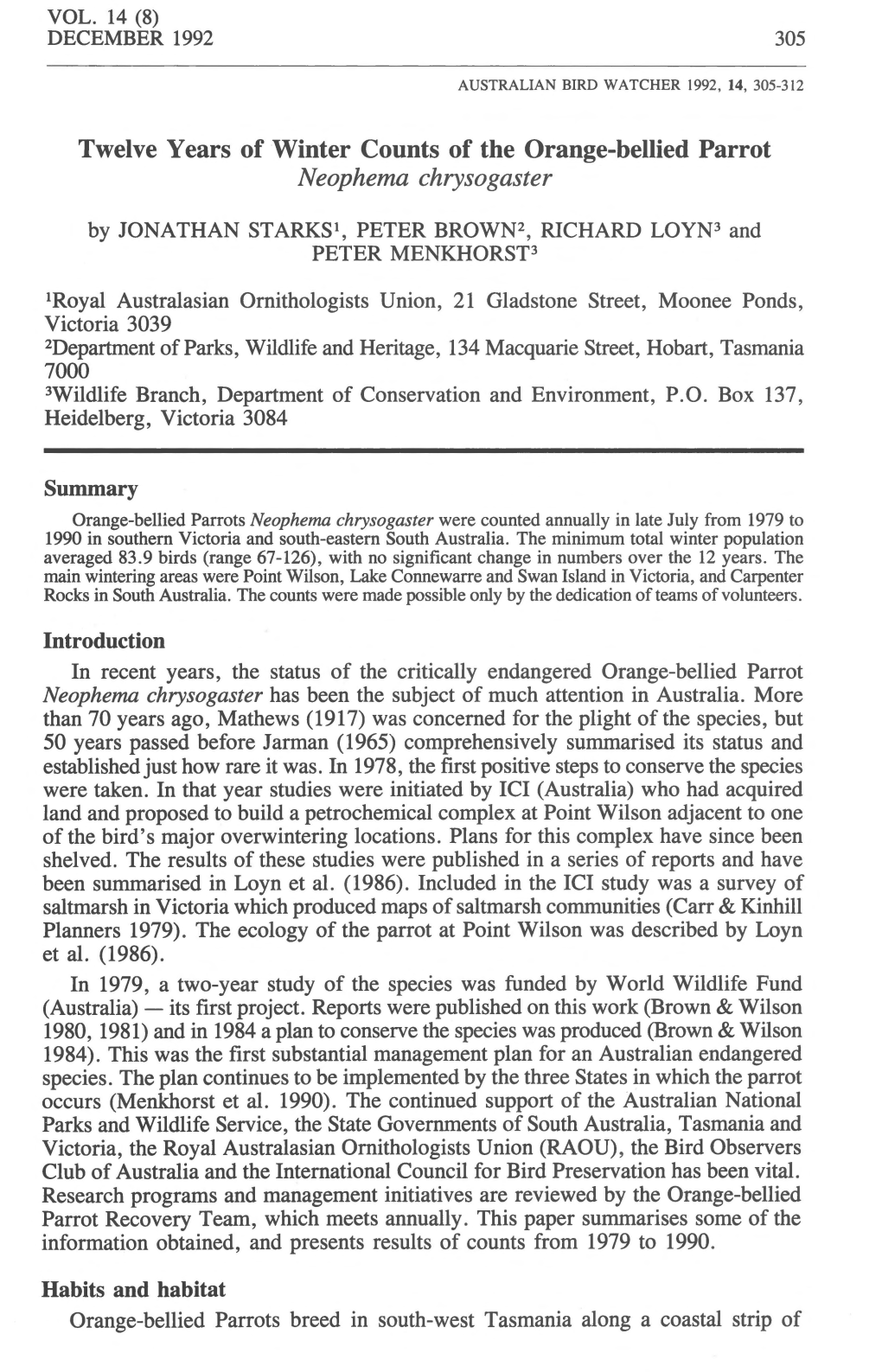 Twelve Years of Winter Counts of the Orange-Bellied Parrot Neophema Chrysogaster