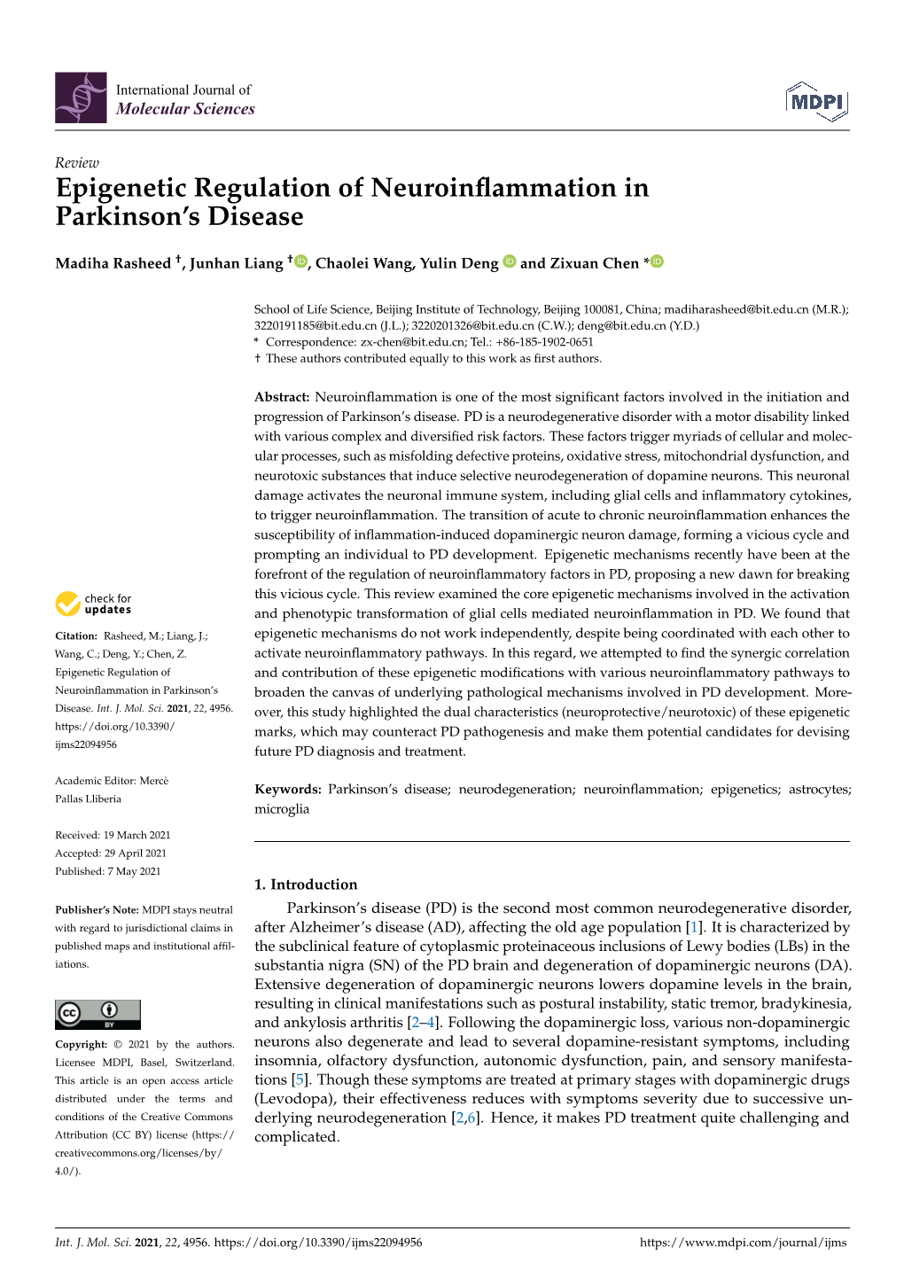 Epigenetic Regulation of Neuroinflammation in Parkinson's