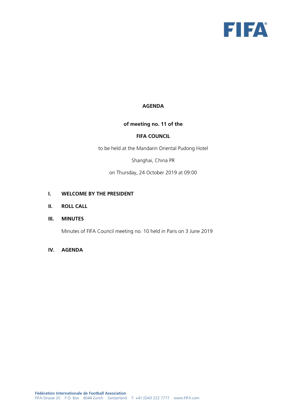 AGENDA of Meeting No. 11 of the FIFA COUNCIL to Be