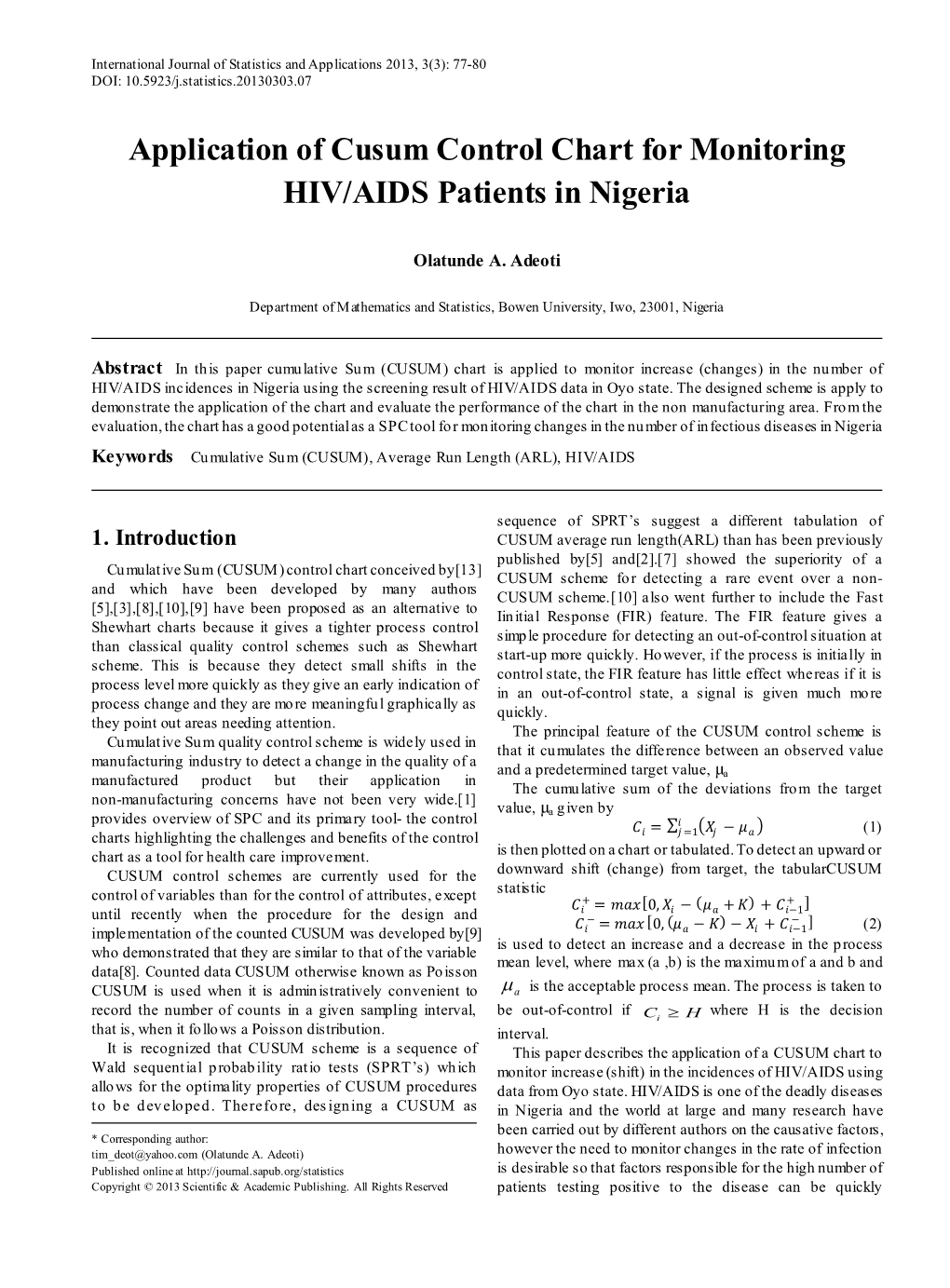 Cumulative Sum (CUSUM), Average Run Length (ARL), HIV/AIDS